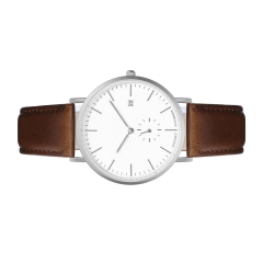 Metal Casual Round Dial Quartz Wrist Watch with Brown Leather Band